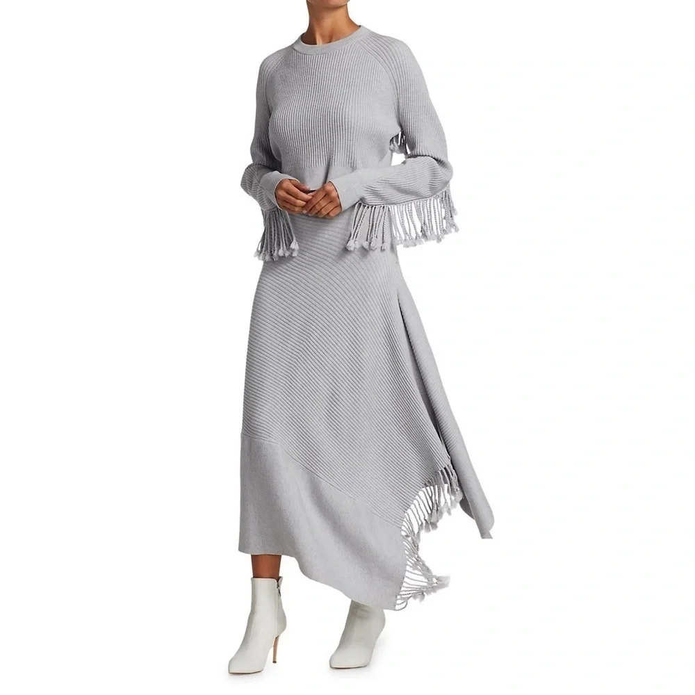 Jonathan Simkhai Gray Fog Wool Grace Draped Fringe Crossover Skirt EUC Size XS